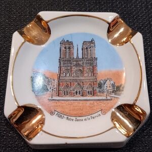 Vintage Limoges France Paris Notre-Dame Porcelain Ashtray Gold Trim Souvenir